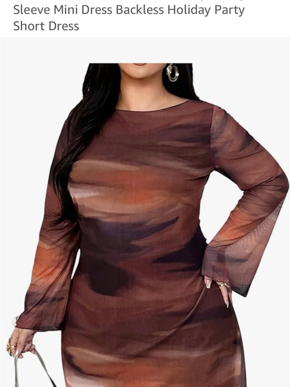 Sheer Long Sleeve Abstract Rust Brown Mini Dress